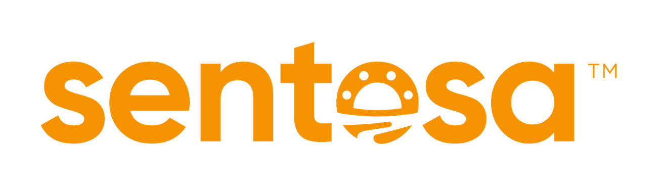 Sentosa logo in orange text with a beach-themed letter O icon.